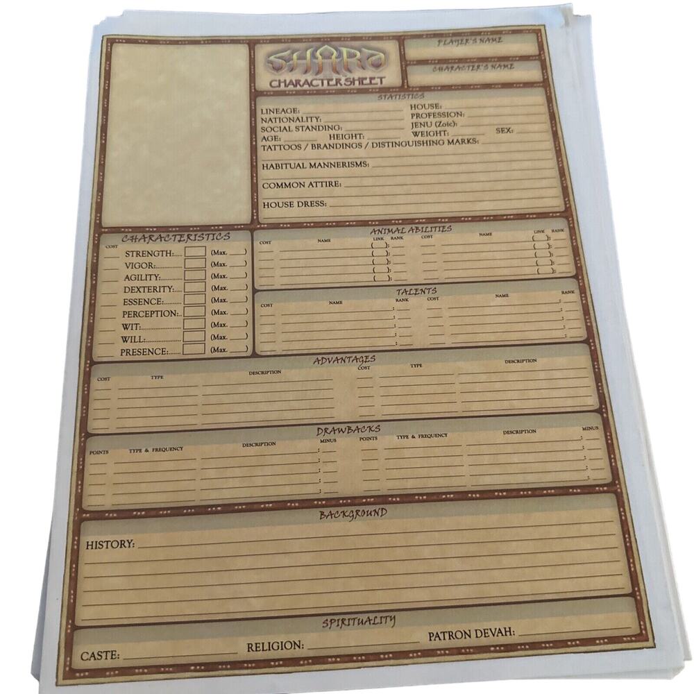 Shard Character Sheet Lot Role Playing